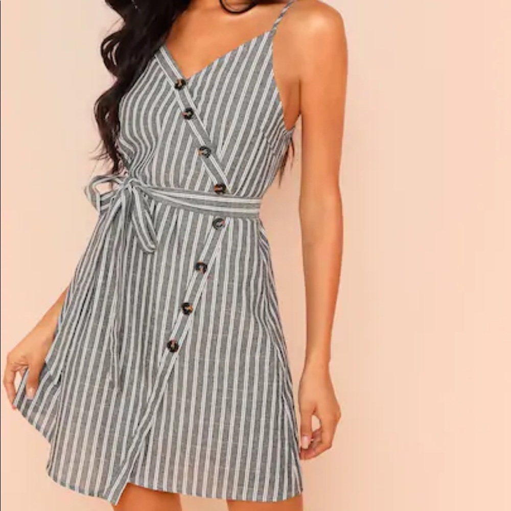 LAST ONE! Button Belted Faux Wrap Striped Dress - Picture 5 of 8
